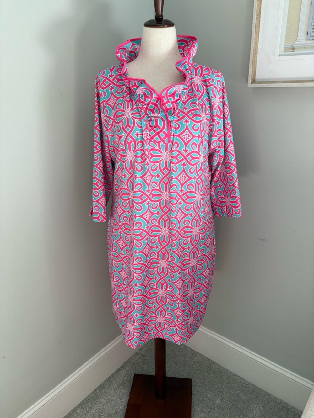 Gretchen Scott Designs Pink & Aqua Geometric Midi Dress